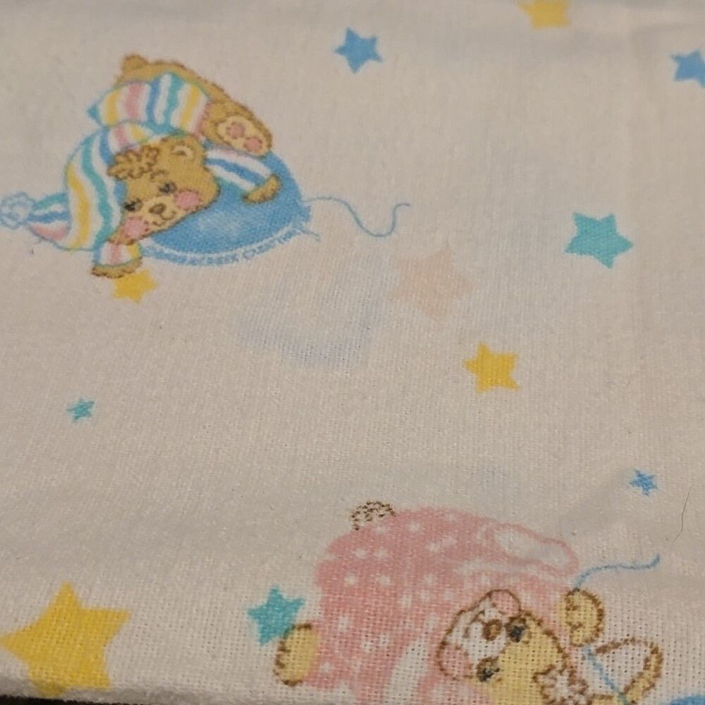 Vtg Riegel Teddy Bears Bunnies Floating Clouds Balloons Receiving Baby Blanket
